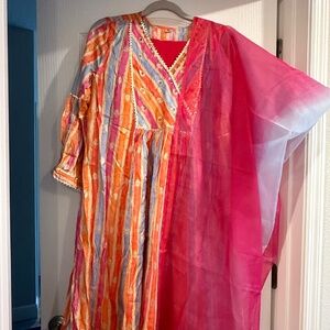 Multicolor Stripe Anarkali Kurta + Hot Pink Dupatta (Gently Worn)